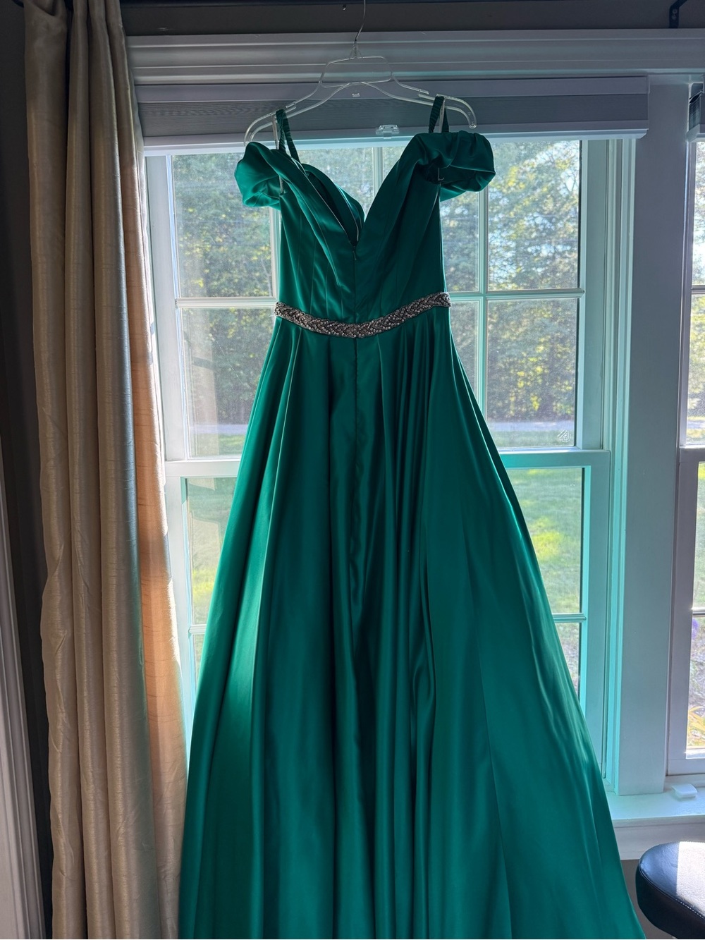 Sherri Hill Emerald Off-Shoulder Satin Ball Gown with Jeweled Waist
